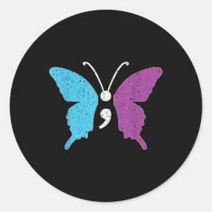 Sticker Rond Semicolon de papillon pourpre & Suicide Turquo