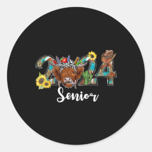 Sticker Rond Senior 2024 Highland Cow Western Graduation Class