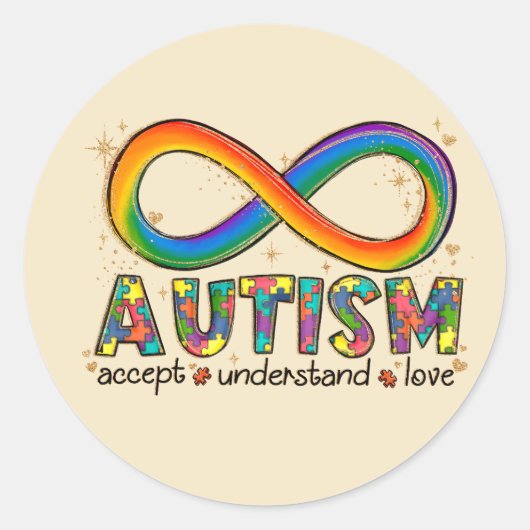 Sticker Rond Sensibilisation sur l'autisme Accepter, Amour, Com (Devant)