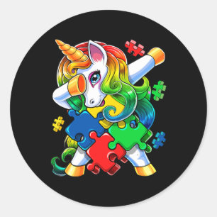 Sticker Rond Sensibilisation sur l'autisme Dabbing Unicorn Puzz