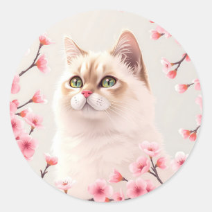 Sticker Rond Serene Birman Portrait De Chat Avec Fleurs De Ceri