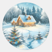 Sticker Rond Serene Log Cabine dans une forêt d'hiver (Devant)