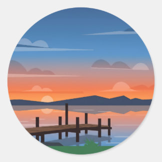 Sticker Rond Serene Orange Lake Sunset Dock Scene
