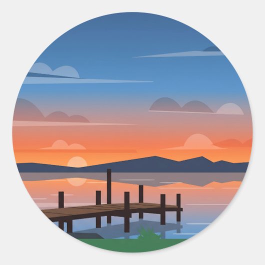 Sticker Rond Serene Orange Lake Sunset Dock Scene (Devant)