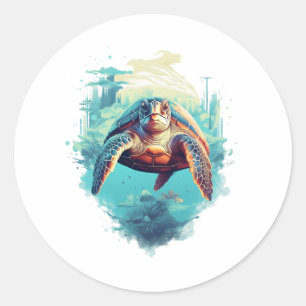 Sticker Rond Serene Underwater Turtle