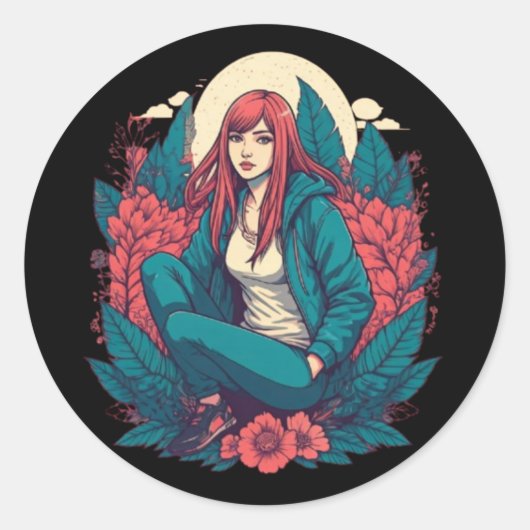 Sticker Rond Sérénité Lune : Réflexion d'une rousse (Devant)