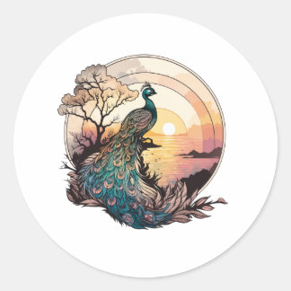 Sticker Rond Serenity at Sunrise : Peacock Inspiré d'oeuvres d'