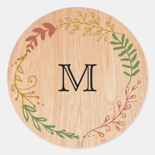 Sticker Rond Serre de feuillage bohème rustique sur bois (Devant)