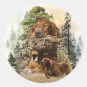 Sticker Rond Setter irlandais, Chasse à la bécasse, Art