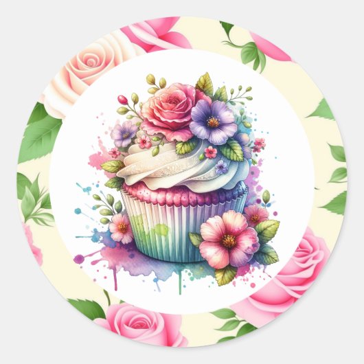 Sticker Rond Shabby Chic Floral Cupcake (Devant)