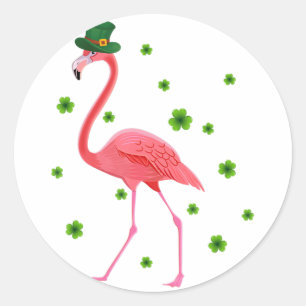 Sticker Rond Shamrock Flamant rose Jour de la Saint Patrick Fla