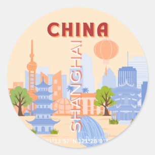 Sticker Rond Shanghai Chine Rétro Pastel Art du Voyage