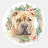 Sticker Rond Shar Pei Christmas Wreath Festive Pup (Devant)