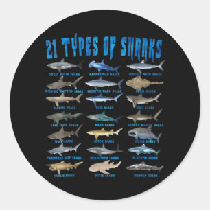Sticker Rond Shark Lovers 21 Types of Sharks Ocean Animal