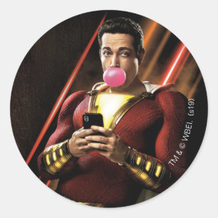 Sticker Rond SHAZAM ! bubble-gum de soufflement de Shazam