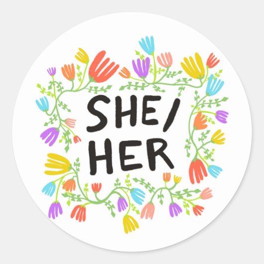 Sticker Rond SHE / HER Pronounounounounounounes Floral Handlett (Devant)