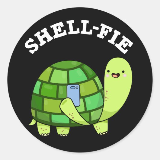 Sticker Rond Shell-fie Funny Tortoise Selfie Pun Dark BG (Devant)