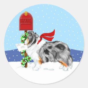 Sticker Rond Shelty Christmas Mail Blue Merle