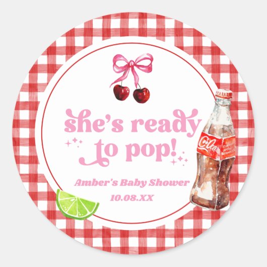 Sticker Rond She's Ready To Pop! Cherry Soda Pop Baby Shower (Devant)