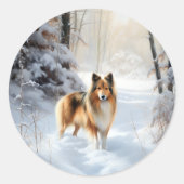 Sticker Rond Shetland Sheepdog Laisser neiger Noël (Devant)
