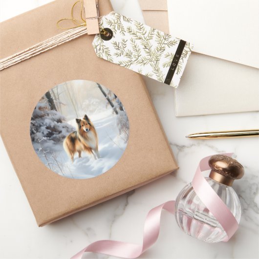 Sticker Rond Shetland Sheepdog Laisser neiger Noël (Cadeaux)