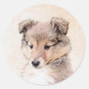 Sticker Rond Shetland Sheepdog Puppy Peinture Chien original ar