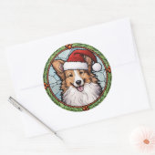 Sticker Rond Shetland Sheepdog Vitrail Noël (Enveloppe)