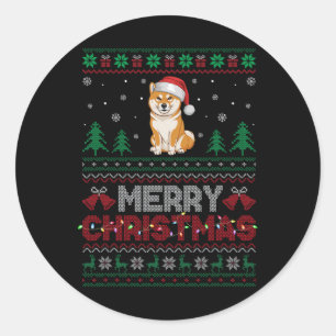 Sticker Rond Shiba Inu Amoureux de les chiens Santa Hat Arbre d