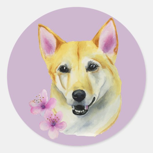 Sticker Rond Shiba Inu avec Sakura Peinture | Chien Art (Devant)