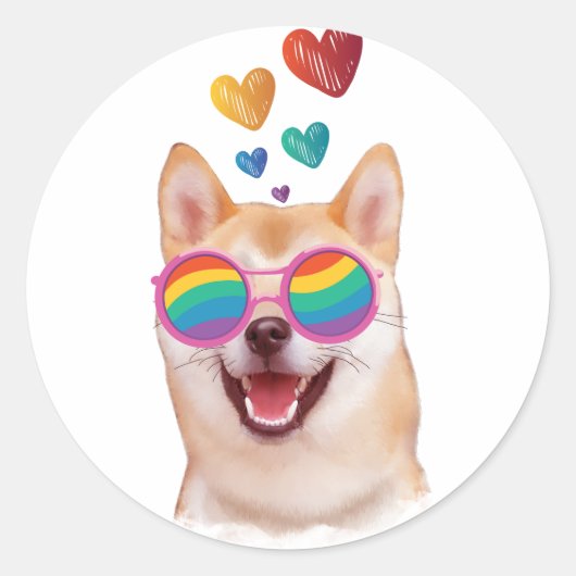 Sticker Rond Shiba Inu Chien avec Coeurs Saint Valentin (Devant)