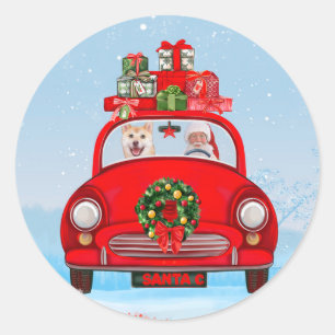 Sticker Rond Shiba Inu Chien Dans Une Voiture Avec Le Père Noël