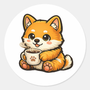 Sticker Rond Shiba Inu mignon avec café – Illustration de chien