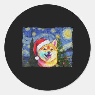 Sticker Rond Shiba Inu Santa Hat Noël Starry Night Art Chien