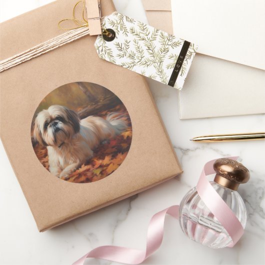 Sticker Rond Shih Tzu à l'automne Feuilles automne Inspire (Cadeaux)