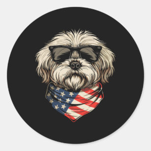 Sticker Rond Shih Tzu Américain Patriote Drapeau Usa Chien 4 Ju