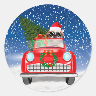 Sticker Rond Shih Tzu Chien Conduisant une Voiture Dans la Neig