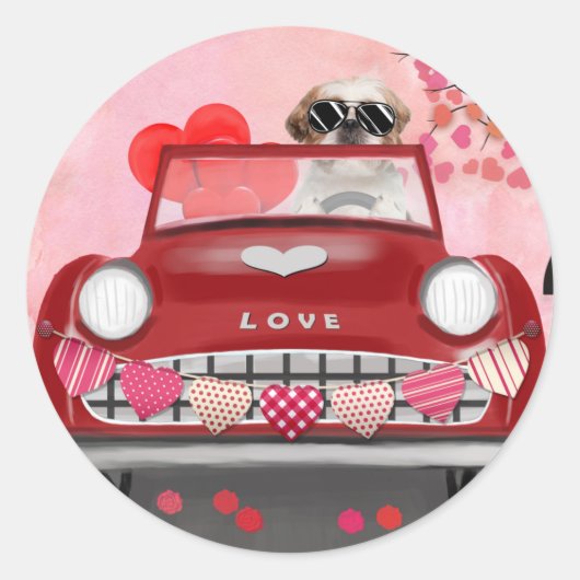 Sticker Rond Shih Tzu Chien Voiture avec Coeurs Valentine's (Devant)