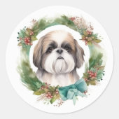 Sticker Rond Shih Tzu Christmas Wreath Festive Pup (Devant)