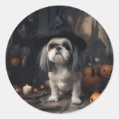 Sticker Rond Shih Tzu Citrouilles Halloween effrayant (Devant)