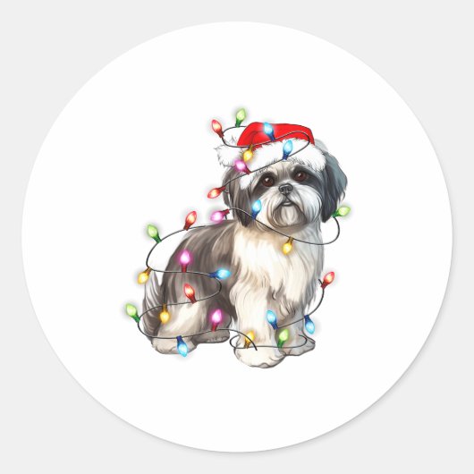 Sticker Rond Shih Tzu Dog Christmas Lights Xmas Cute (Devant)
