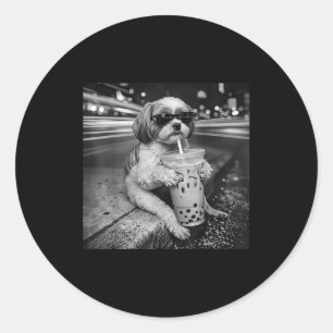 Sticker Rond Shih tzu drôle buvant du café glacé amateurs de ch