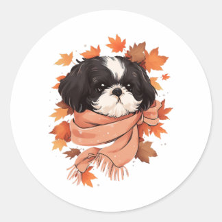 Sticker Rond Shih Tzu Fall Dog Automne quitte Thanksgiving Copi