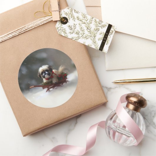 Sticker Rond Shih Tzu hiver neige de Noël (Cadeaux)