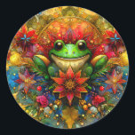 Sticker Rond ~ SHINY Christmas FROG ~<br><div class="desc">J'ai créé ce motif AI généré par ordinateur sur NightCafe en utilisant mon imagination. Il présente des teintes de Noël,  mettant l'accent sur l'aspect 3D du motif. Ce design est celui que n'importe qui aimerait. Liz a fait ce motif.</div>