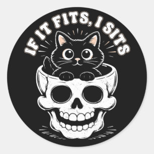 Sticker Rond Si ça rentre, je m'assois Chat noir Crâne Minimali