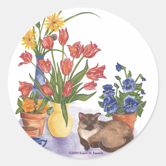 Sticker Rond Siamese Tulips Chat Pansies Aquarelle "Chester" (Devant)
