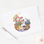 Sticker Rond Siamese Tulips Chat Pansies Aquarelle "Chester" (Enveloppe)