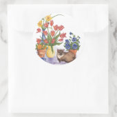 Sticker Rond Siamese Tulips Chat Pansies Aquarelle "Chester" (Sac)
