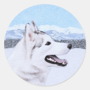 Sticker Rond Sibérie Husky (argent et blanc) Peinture Chien Ar