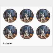 Sticker Rond Sibérie Husky Citrouille Halloween effrayant (Feuille)
